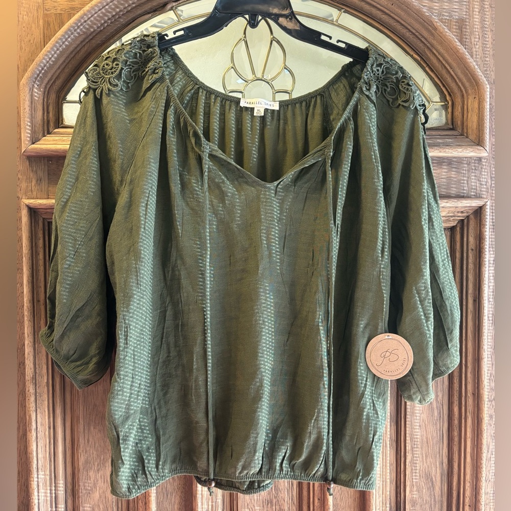 Parallel Skies Army Green Blouse with Lace Detail